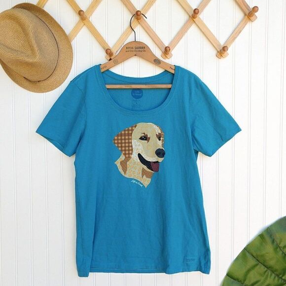 Life is Good Golden Retriever T Shirt Top Size M Green Patchwork Dog Print Tee - Picture 1 of 6
